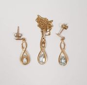 Modern 9ct gold and amethyst drop pendant on chain and a pair of matching earrings, boxed