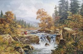 Don Vaughan (1916-2005?) Oil on canvas Autumnal river landscape with figures beside a waterfall,