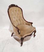 Victorian mahogany button back drawing room chair with scroll arms and supports, in beige upholstery