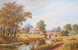 Don Vaughan (1916-2005?) Oil on canvas River landscape with girls, bridge and thatched cottage,