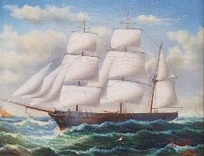 Webb (19th/20th century) Oil on canvas Three-masted sailing ship on choppy waters, signed and