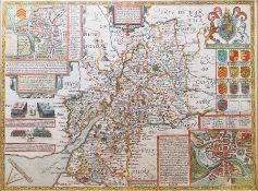 After John Speed (1552-1629) Hand coloured and engraved map of Gloucestershire, with inset maps