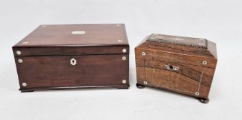 Mahogany jewellery box with mother-of-pearl star and circle inlays and central cartouche, with