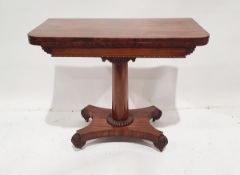 Victorian mahogany foldover pedestal card table on turned column, platform quadruped base, 73cm high