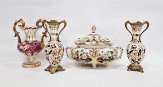 A 19th century Copeland and Garrett two-handled pink ground vase painted with flowers within blue