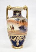 Noritake two-handled vase, 20th century, printed blue marks, painted with Egyptian pyramids and a