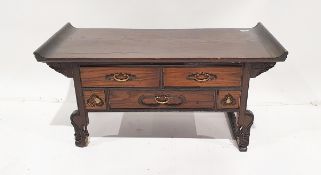 Oriental stained wood low occasional table in the altar-style, having two drawers above one long and