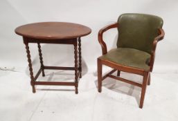 Oak framed drop-in seat armchair on tapering square legs together with an oak oval side table with