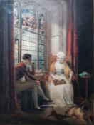 19th century English School Watercolour Elderly lady and young gentleman seated in an interior, dogs