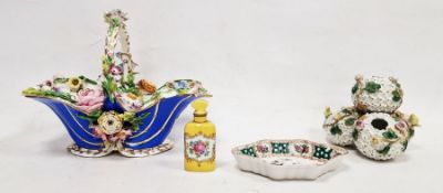 19th century Coalbrookdale-type flower encrusted blue ground basket, lobed and encrusted with garden