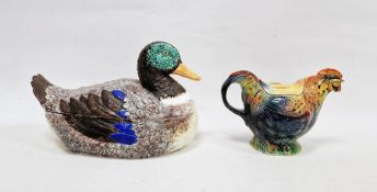 Portuguese pottery duck tureen and cover, naturalistically modelled with coloured feathers,