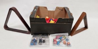 51 pool and snooker balls , frames, chalks etc ( box)