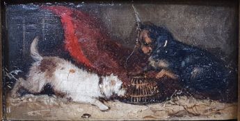 Unattributed 19th century  Oil on panel Miniature painting of two dogs, unsigned, framed, 5.5cm x