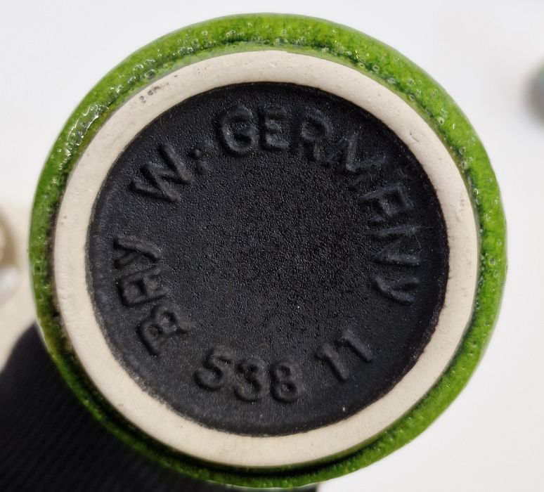 Loetz-style green glass vase, a Kralik glass vase with flower frog, another vase and a West German - Image 3 of 3