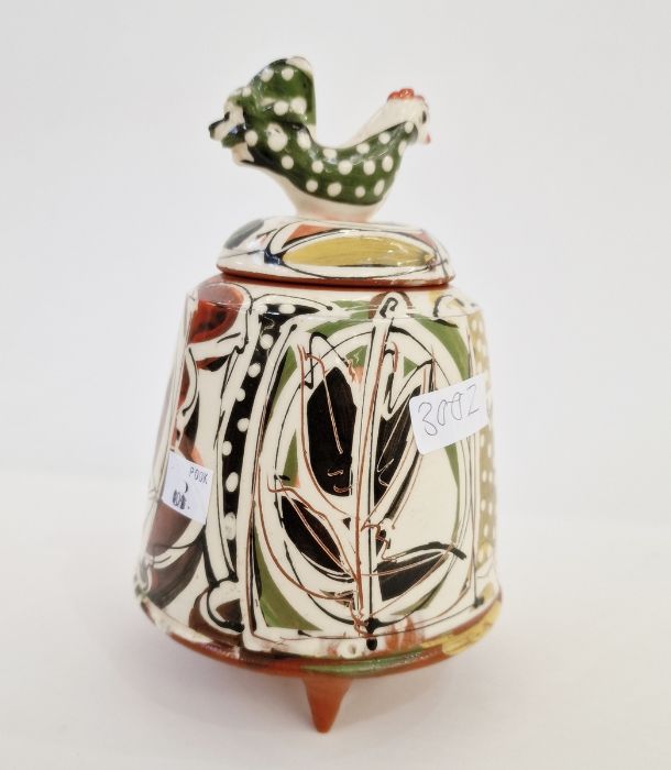 20th century earthenware pot with chicken finial to lid, on three pointed feet, leaf abstract glaze, - Image 3 of 7