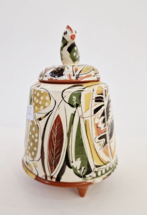 20th century earthenware pot with chicken finial to lid, on three pointed feet, leaf abstract glaze, - Image 4 of 7