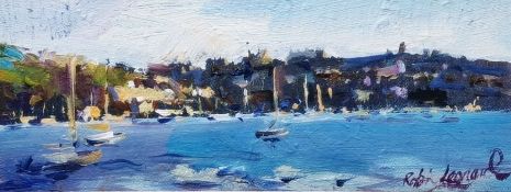 Robin Leonard (b.1960) Oil on board Untitled coastal landscape with sail boats and coastal town in