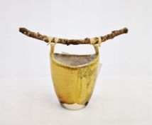 Debbie Page contemporary studio pottery pail in yellow glaze with found stick handle, impressed
