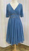Blue chiffon embroidered vintage style dress with crossover bodice, sequin and embroidered detail to