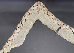 Needlepoint and gold thread embroidered fine muslin shawl/scarf with shaped panels of stylised