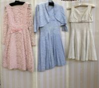 1950's cream brocade sleeveless cocktail dress, a blue cotton brocade cocktail dress with matching