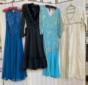 Possibly 1960's raw silk dress, V-neck front and back, empire waist with bugle beads and faux-