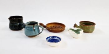 Godshill stoneware pottery side handled jug another in green, Godshill small brown skillet,