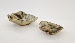 Two studio pottery lily pad-shaped dishes, marked 'R3' to base, 22cm wide and 15cm wide, in box (2)