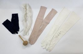 Vintage cream kid long gloves with pearl button fastening, a pair of pink kid long gloves, pair of