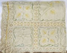 Early 20th century table/bed cover, embroidered on linen, backed with yellow cotton and a crochet