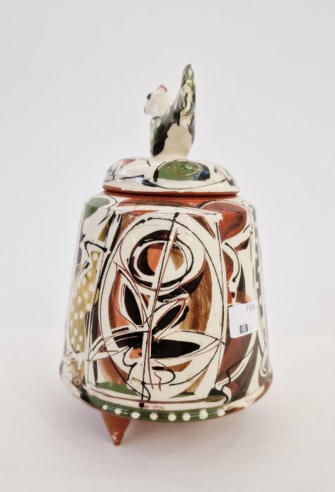 20th century earthenware pot with chicken finial to lid, on three pointed feet, leaf abstract glaze, - Image 2 of 7