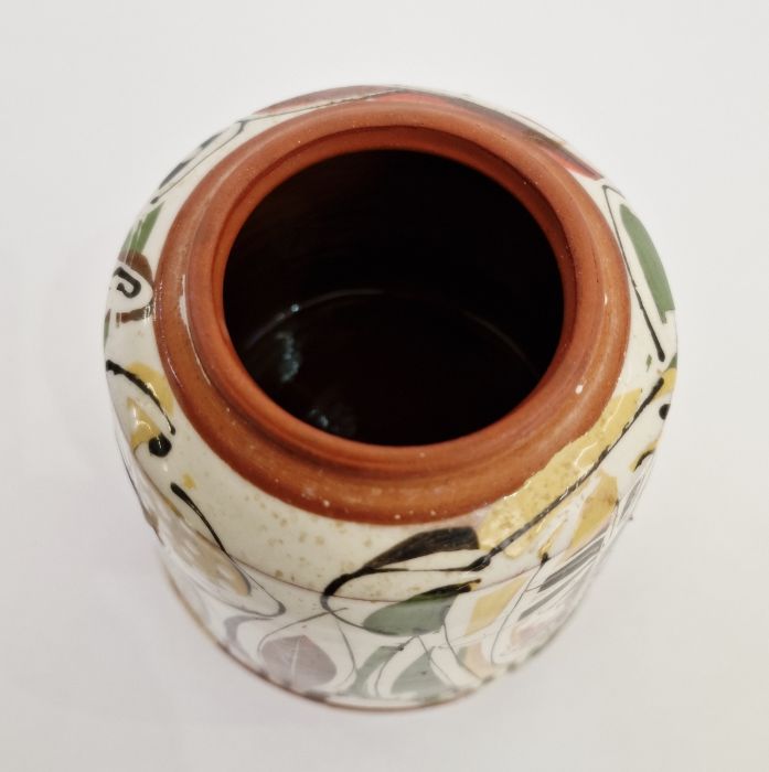 20th century earthenware pot with chicken finial to lid, on three pointed feet, leaf abstract glaze, - Image 6 of 7