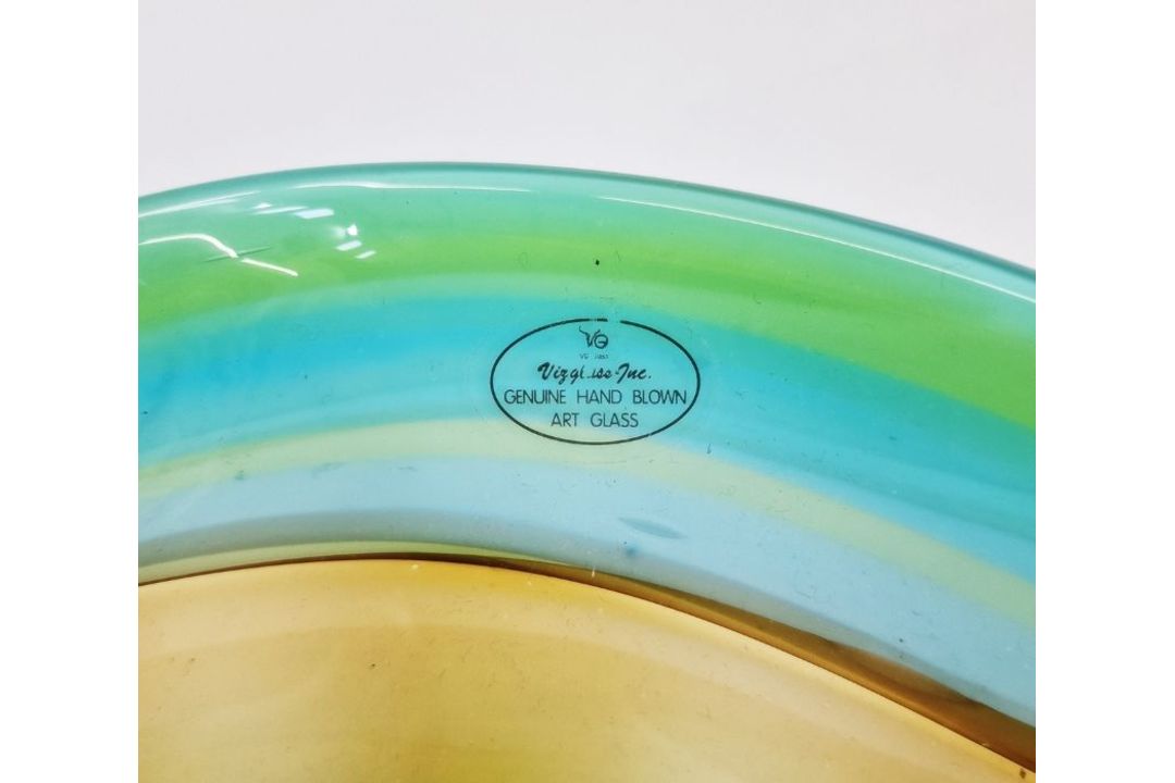 Viz Glass Inc. American glass centrepiece bowl in green, yellow and brown, with label, 39cm diameter - Image 4 of 5