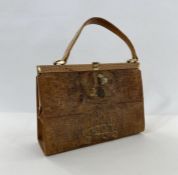 Vintage crocodile bag, suede inner zipped pocket, fixed frame, brass coloured hardware and single