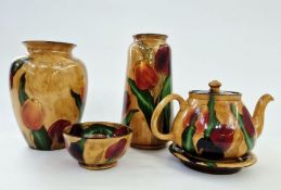 Royal Stanley Jacobean ware two vases, teapot with stand and a dish (5)