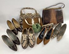 Vintage python skin bag, fixed frame with brass coloured fittings, two strap handle, with matching