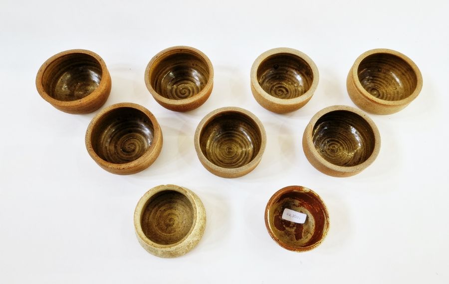 Seven similar studio pottery bowls, unmarked, a Paul Metcalfe studio pottery bowl (chips to top rim) - Image 3 of 6