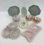 Pair of Poole pottery octagonal dessert plates, shape no. 119, glaze no. C57, a Poole pottery eggcup