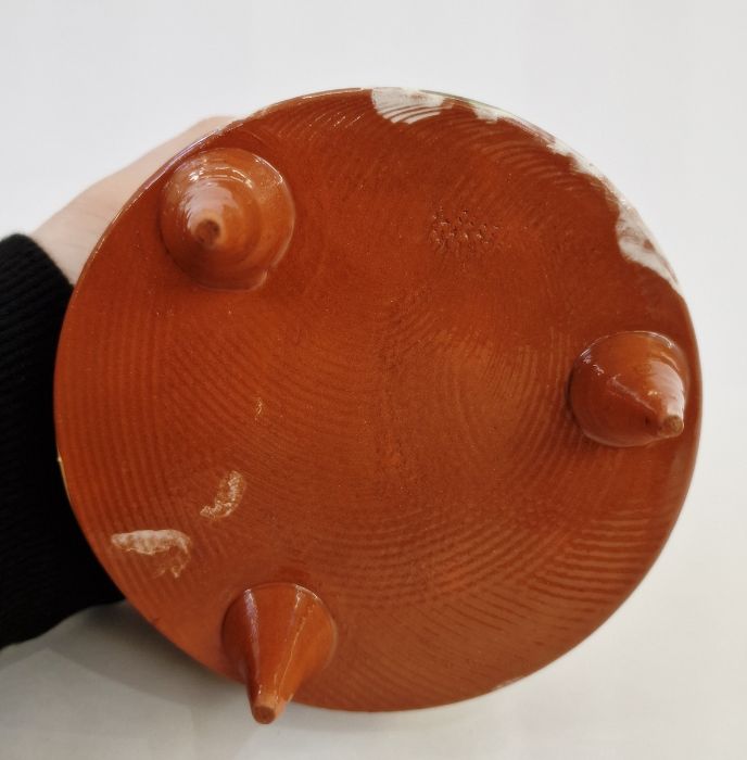 20th century earthenware pot with chicken finial to lid, on three pointed feet, leaf abstract glaze, - Image 5 of 7