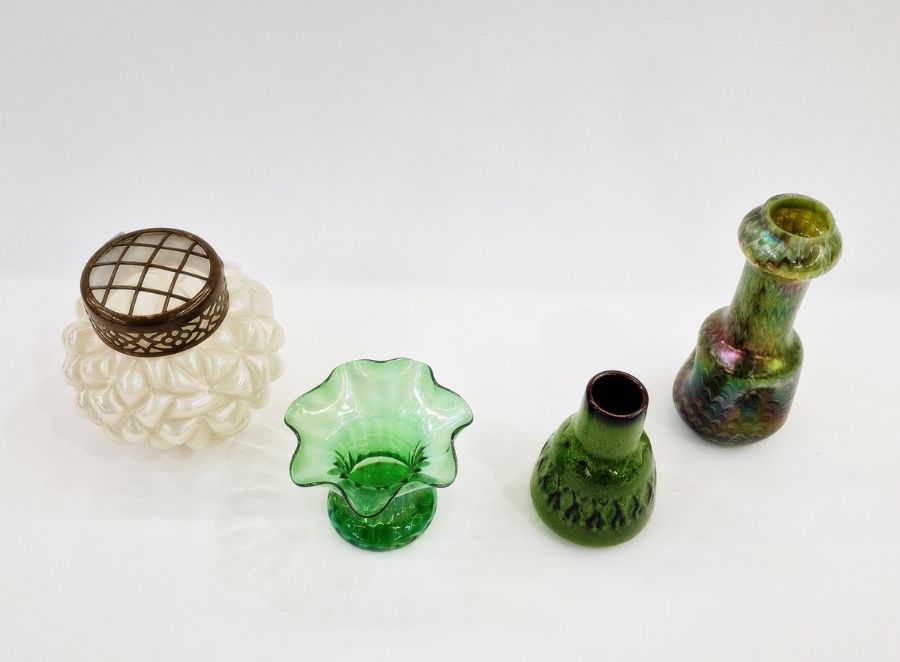 Loetz-style green glass vase, a Kralik glass vase with flower frog, another vase and a West German - Image 2 of 3