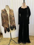 1920's devore cut velvet on chiffon jacket with deep black and orange fringe, orange tassel to the