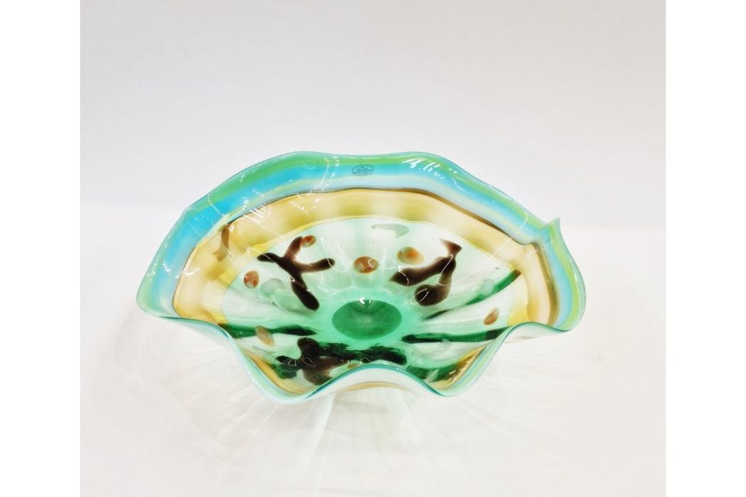 Viz Glass Inc. American glass centrepiece bowl in green, yellow and brown, with label, 39cm diameter - Image 1 of 5