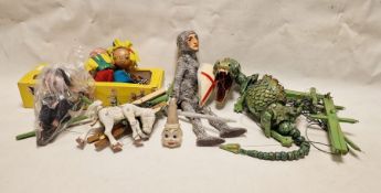 Green painted wood dragon puppet with St. George painted composition silver cloth chainmail, a