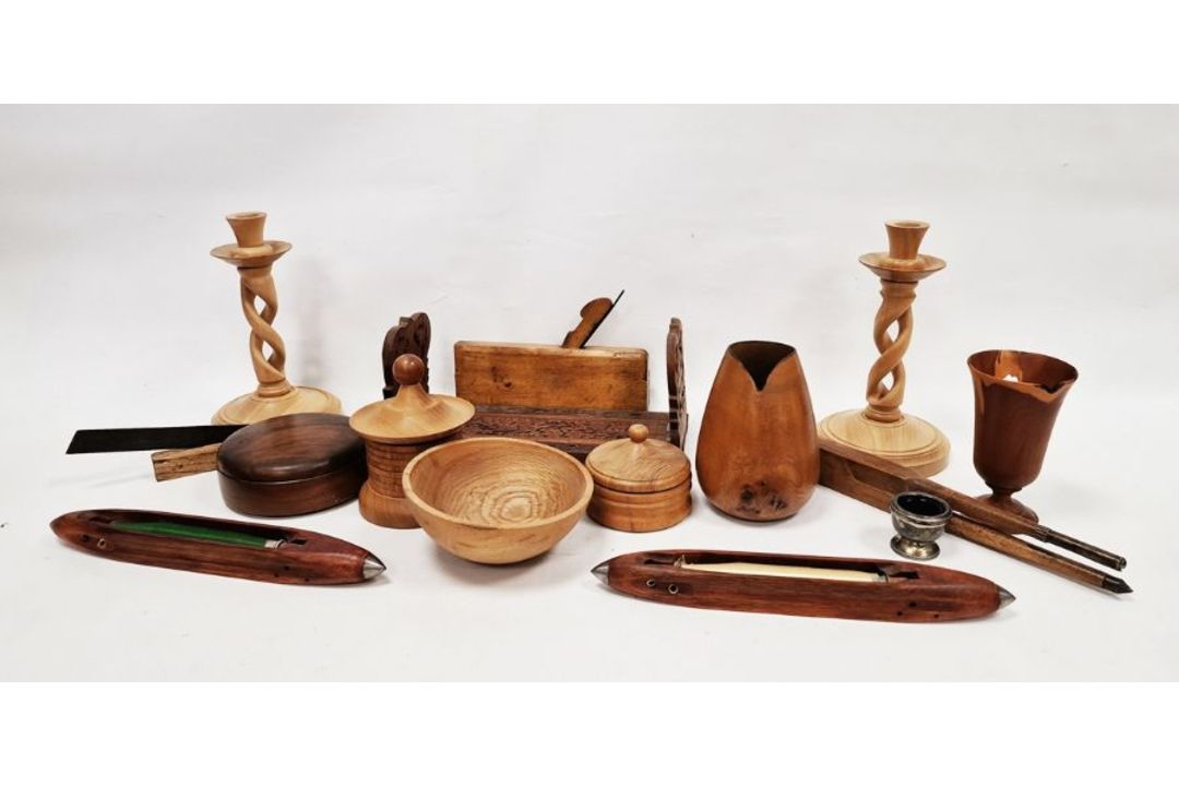 Collection of treen, two Pilkingtons Limited 'Hayward' compressed weave loom boat shuttles and other - Image 1 of 2