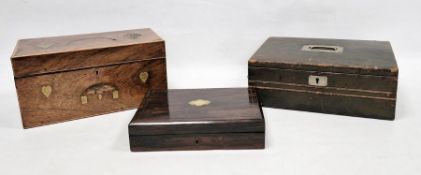 Early 20th century leather-bound writing slope, a boxwood strung box with brass diamond and heart