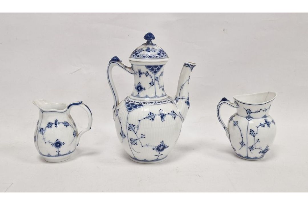 Royal Copenhagen Half Lace pattern blue and white tea wares, printed blue and green marks, - Image 1 of 4