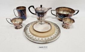 EPNS three-piece tea service, hexagonal, two-handled fruit bowl, EPNS bread stand with wooden