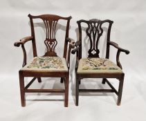 19th century mahogany open armchair with upholstered inset seat, on straight supports and another
