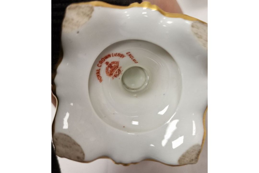 Royal Crown Derby porcelain campana vase, two-handled and lidded, 17cm high (damage to cover), a - Image 3 of 4