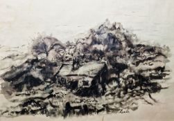 Bernard Leach (1887-1979) Watercolour and ink 'Cottage in Landscape', circa 1917, painted in black
